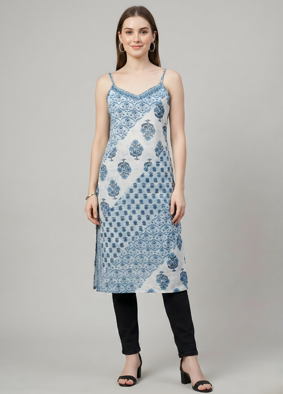 Blue Patchwork Printed Mul Cotton Kurti with Lining – Premium Women Ethnic Wear by Aaronee