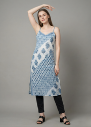 Blue Patchwork Printed Mul Cotton Kurti with Lining – Premium Women Ethnic Wear by Aaronee