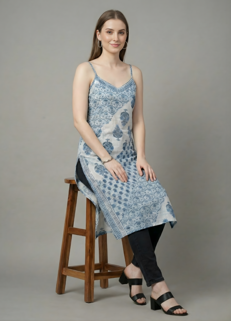 Blue Patchwork Printed Mul Cotton Kurti with Lining – Premium Women Ethnic Wear by Aaronee
