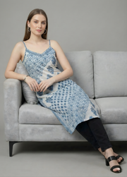Blue Patchwork Printed Mul Cotton Kurti with Lining – Premium Women Ethnic Wear by Aaronee