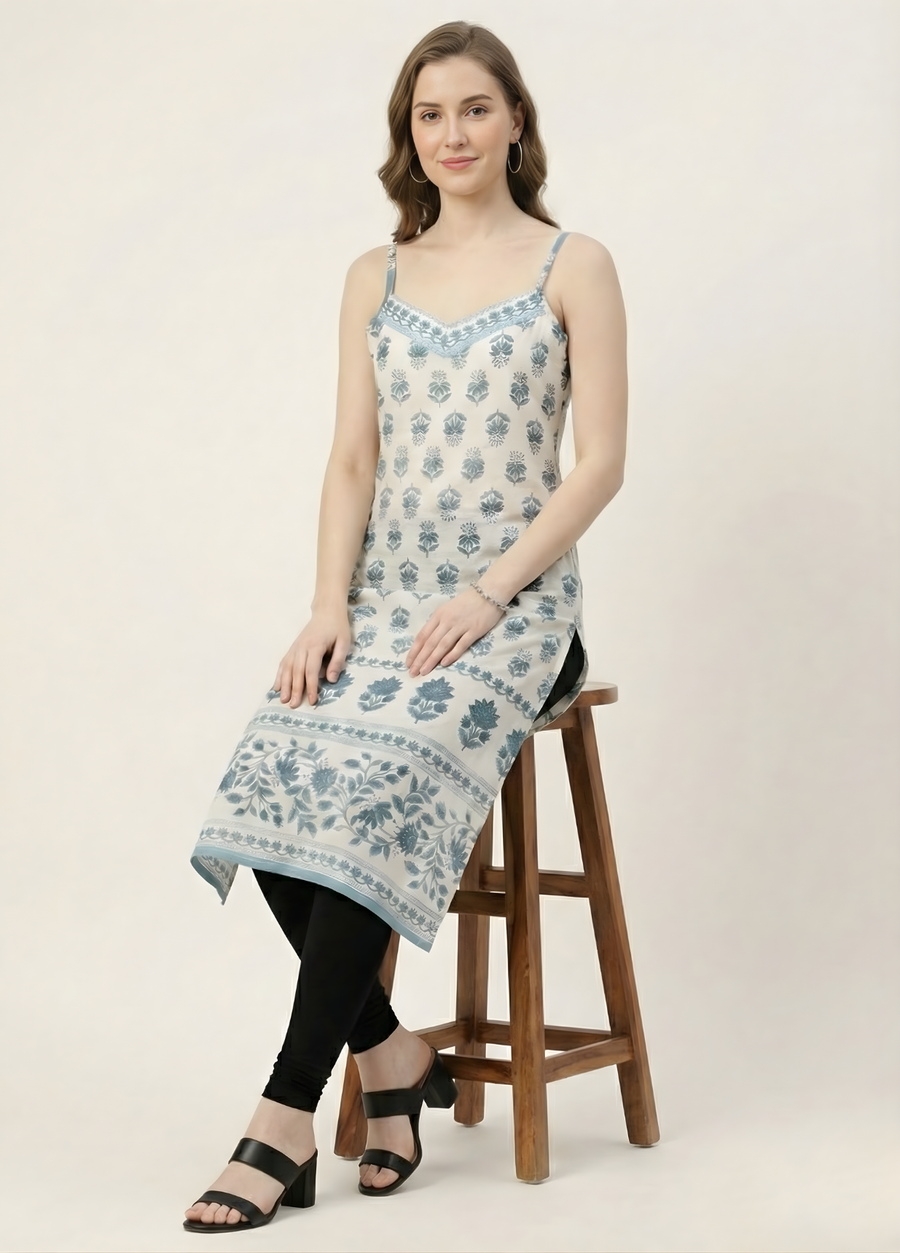 Aaronee blue printed mul cotton kurti with lining front view