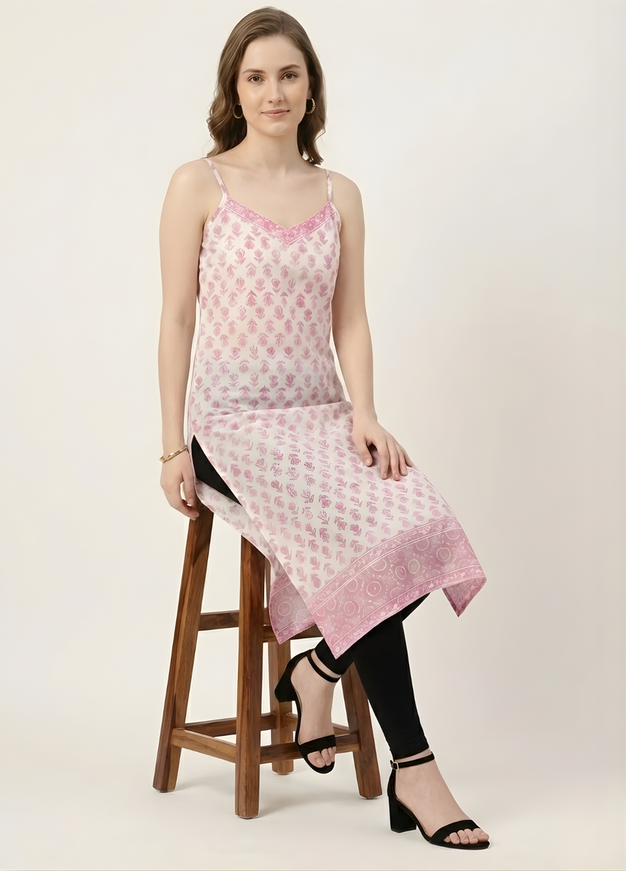 Aaronee pink printed mul cotton kurti with lining front view