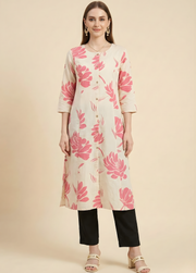 Ivory Pink Floral Pure Cotton Cambric Straight Kurti for Women