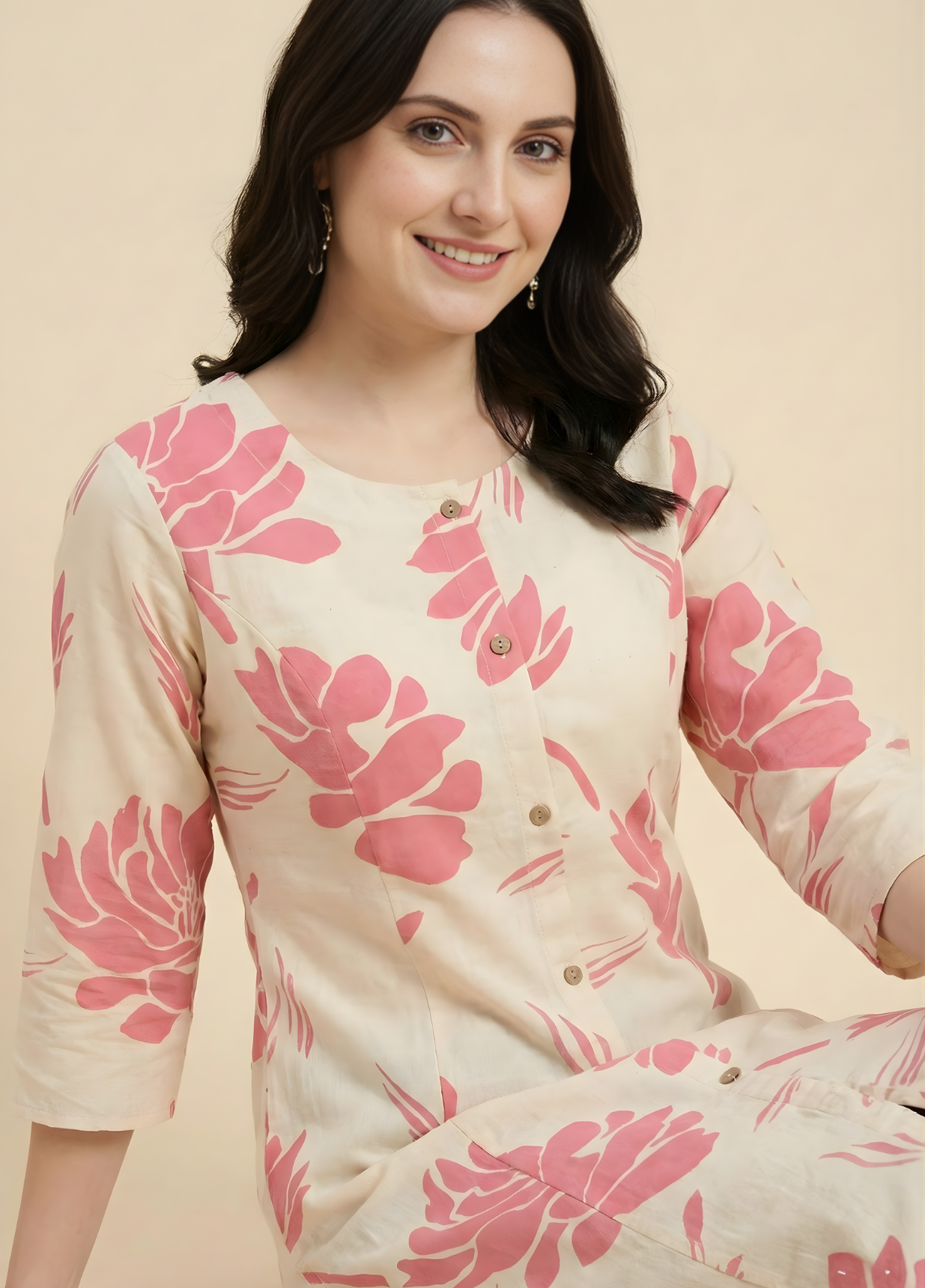 Ivory Pink Floral Pure Cotton Cambric Straight Kurti for Women