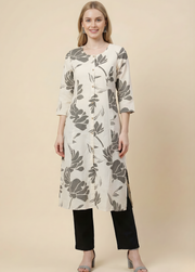 Ivory Grey Floral Pure Cotton Cambric Straight Kurti for Women