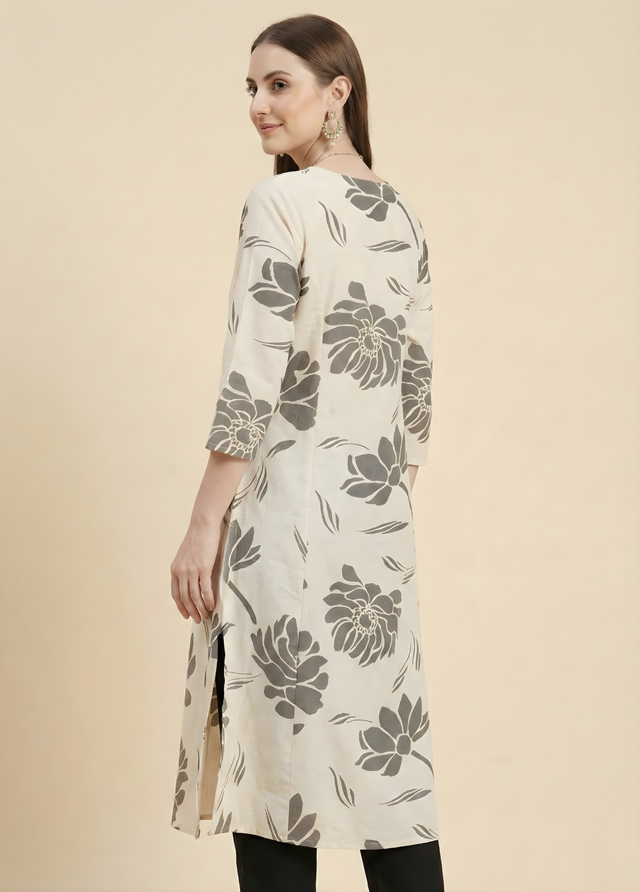 Ivory Grey Floral Pure Cotton Cambric Straight Kurti for Women