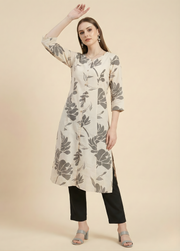 Ivory Grey Floral Pure Cotton Cambric Straight Kurti for Women
