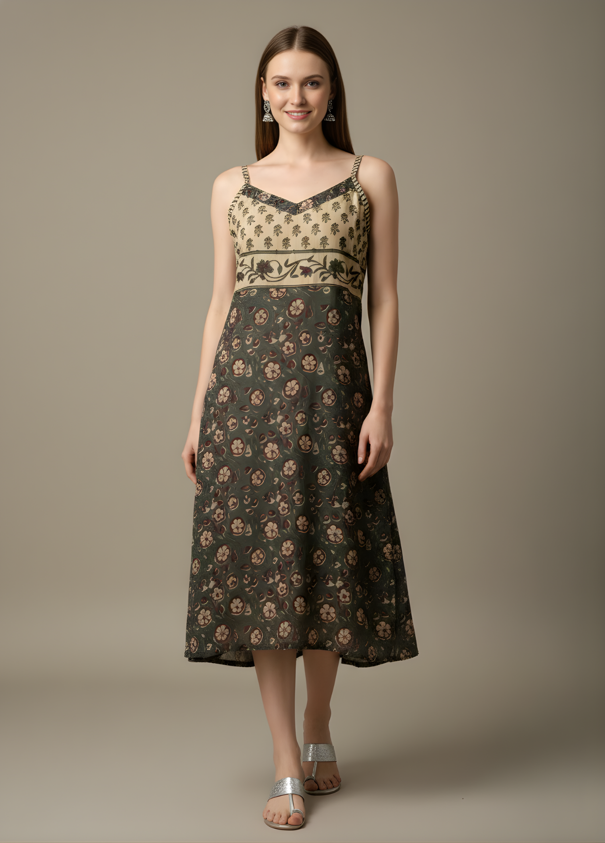 Aaronee Olive Brown Floral Printed Mul Cotton Kurti with Lining