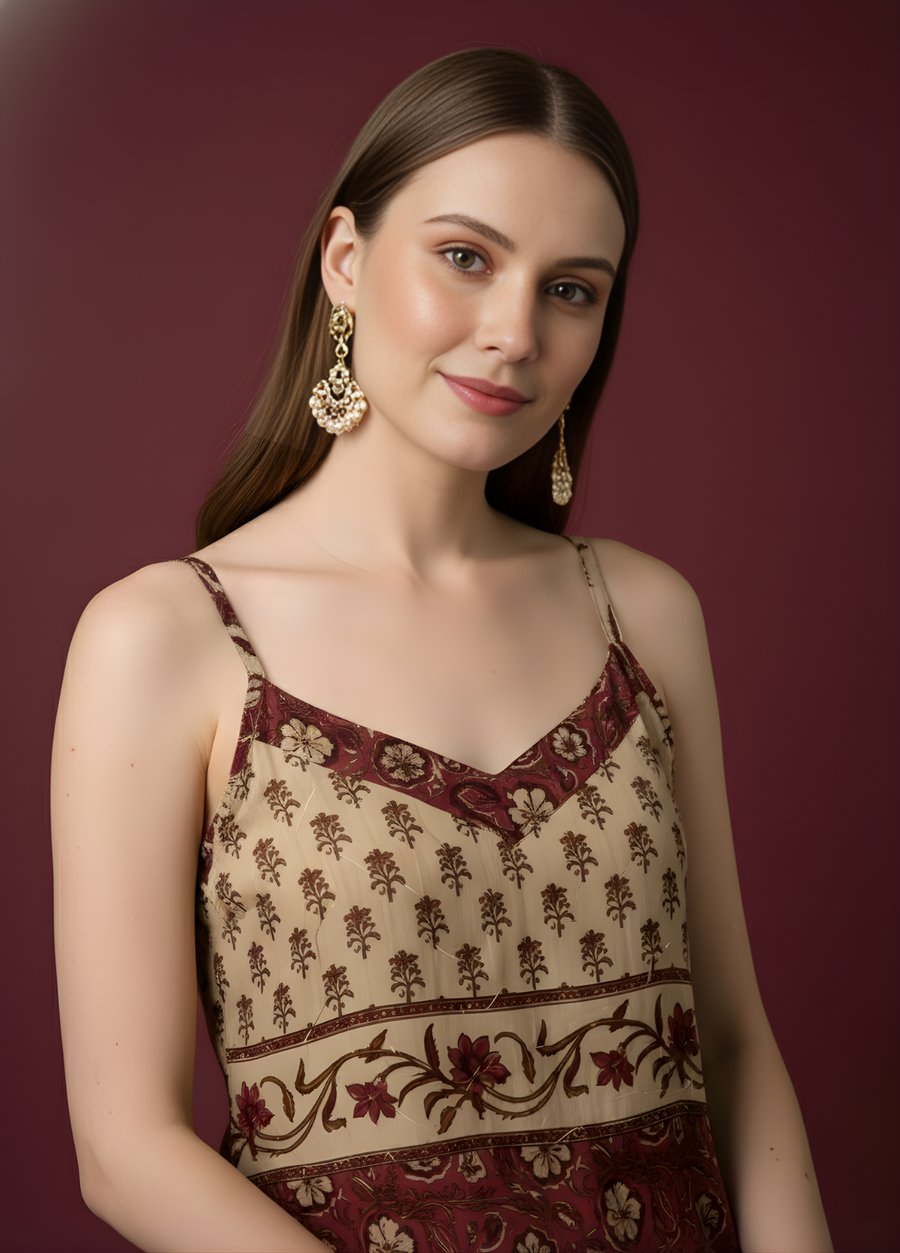 Aaronee olive brown printed kurti detailing