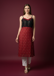 Aaronee Maroon & Black Printed Mul Cotton Kurti with Lining