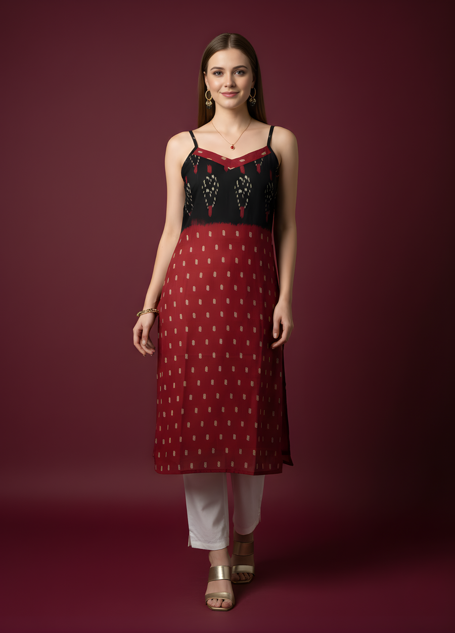 Aaronee Maroon & Black Printed Mul Cotton Kurti with Lining