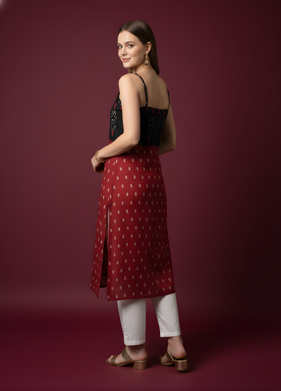 Aaronee Maroon & Black Printed Mul Cotton Kurti with Lining