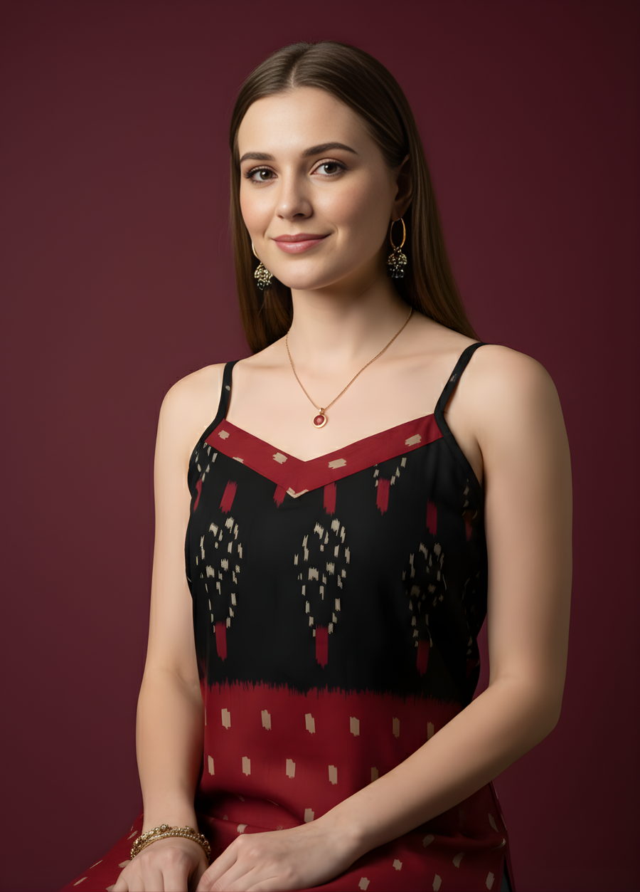 Aaronee Maroon & Black Printed Mul Cotton Kurti with Lining