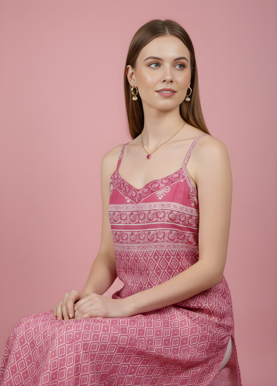 Aaronee Pink Geometric Printed Mul Cotton Kurti with Lining