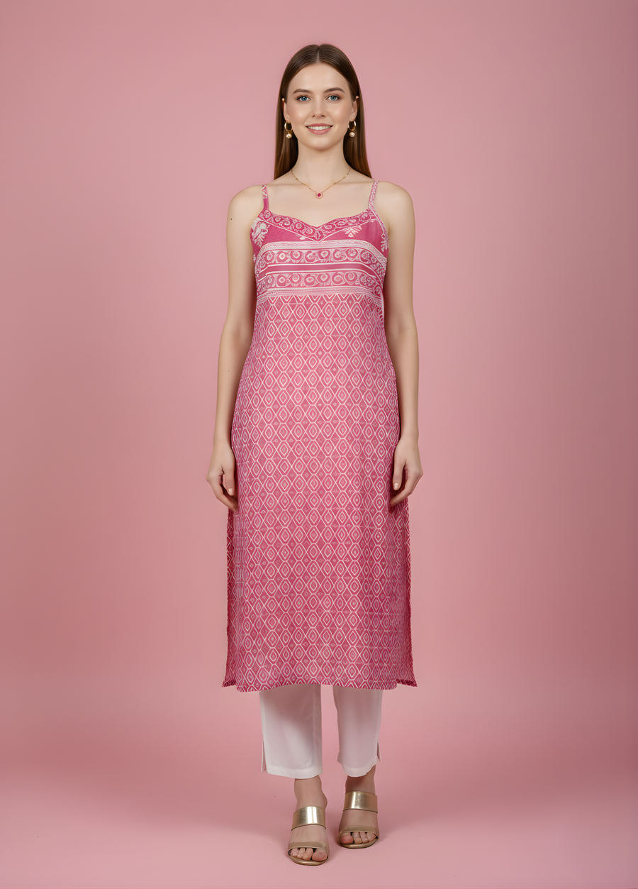 Aaronee Pink Geometric Printed Mul Cotton Kurti with Lining