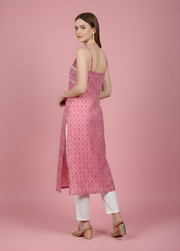 Aaronee Pink Geometric Printed Mul Cotton Kurti with Lining