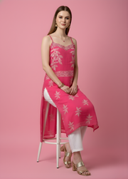Aaronee Pink Floral Printed Mul Cotton Kurti with Lining