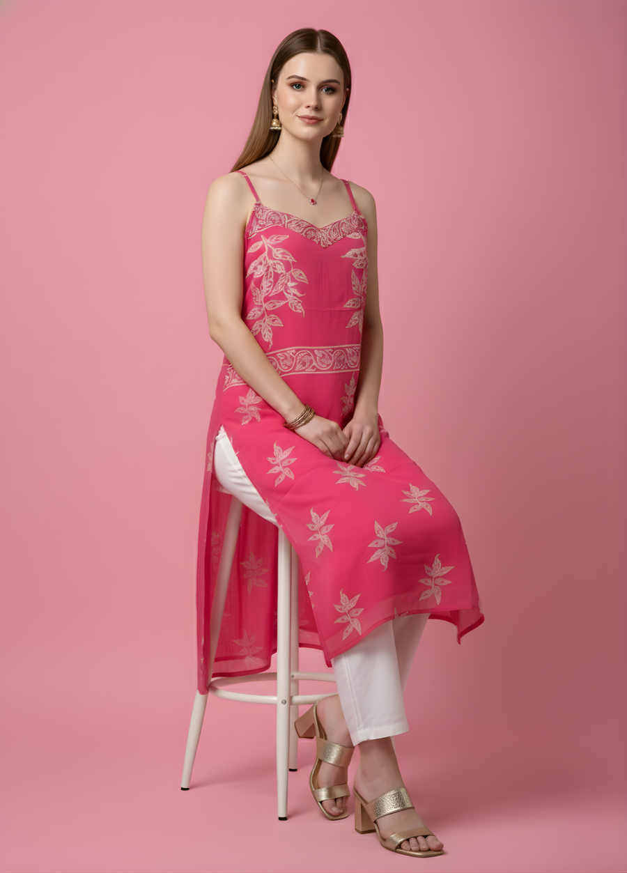 Aaronee Pink Floral Printed Mul Cotton Kurti with Lining