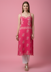 Aaronee Pink Floral Printed Mul Cotton Kurti with Lining