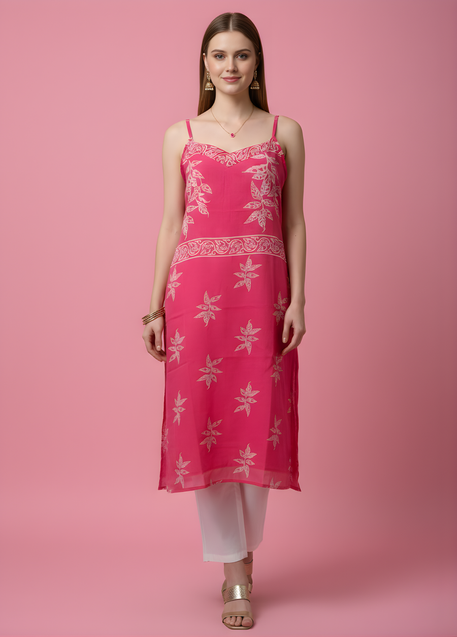 Aaronee Pink Floral Printed Mul Cotton Kurti with Lining