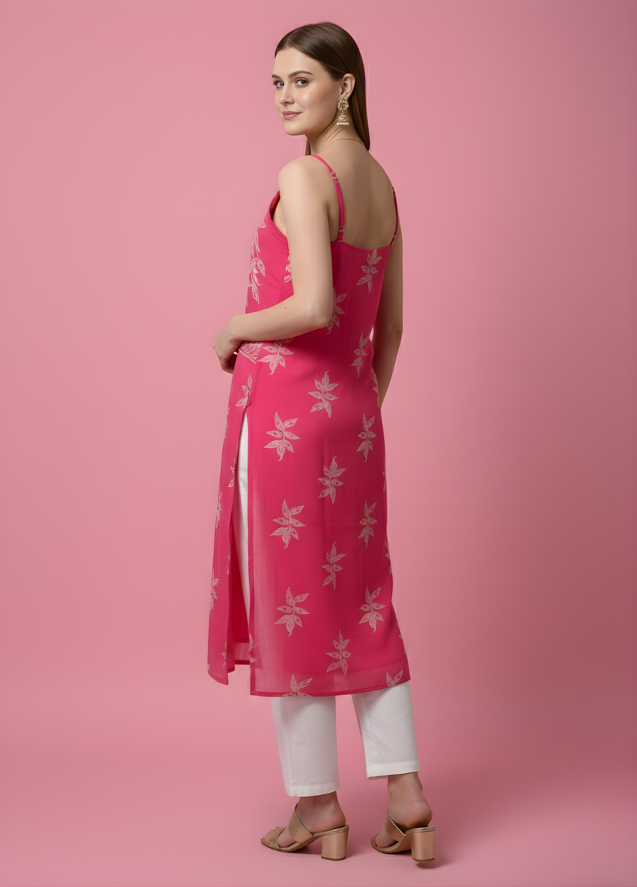 Aaronee Pink Floral Printed Mul Cotton Kurti with Lining