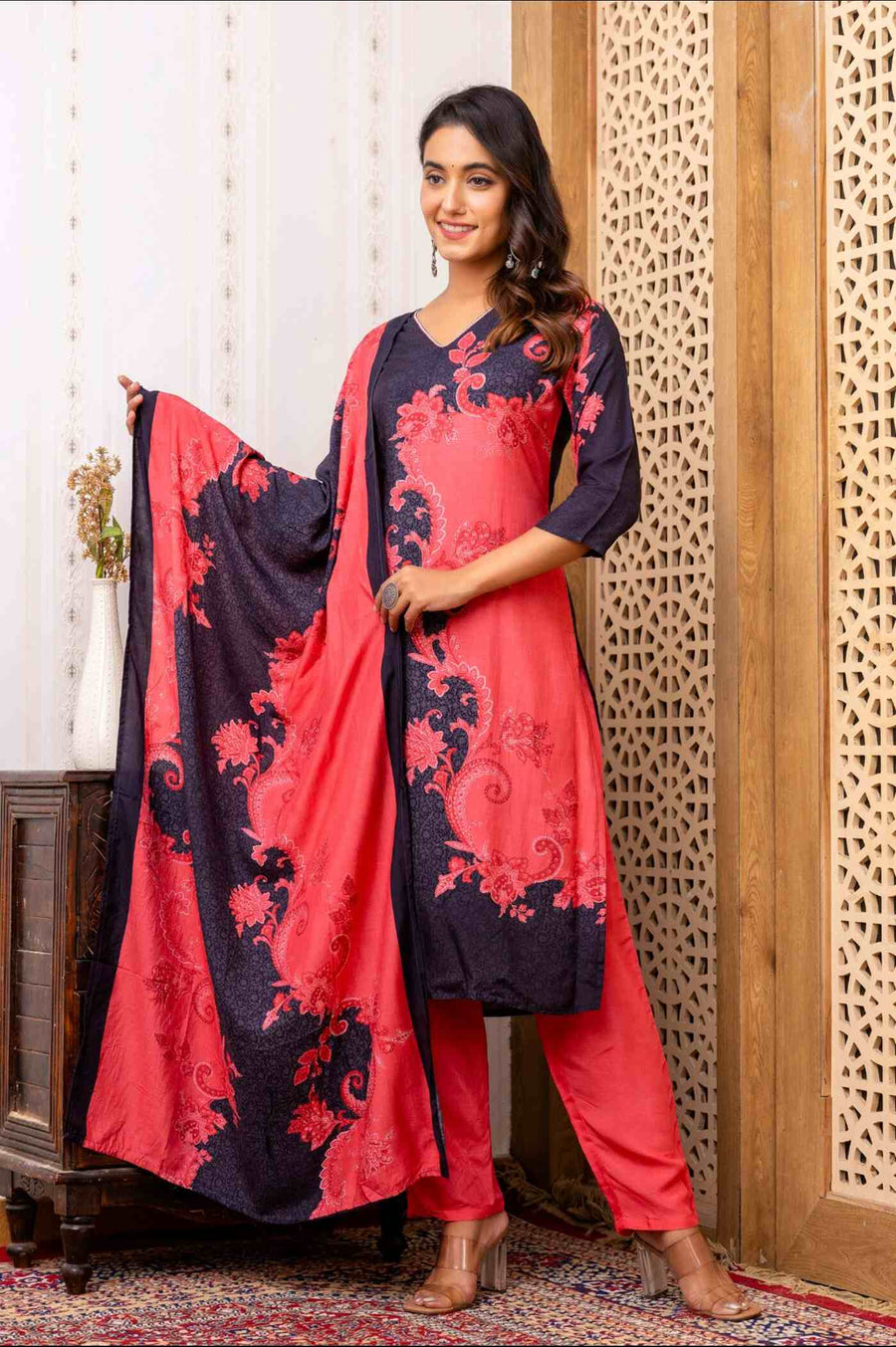 Red and Blue Kurta Set for Women with Dupatta - Elegant Wear