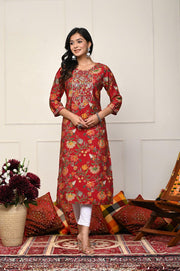 Red with Multi-Color Flower Print Kurti for Women - Shop Stylish Ethnic Wear | Aaronee