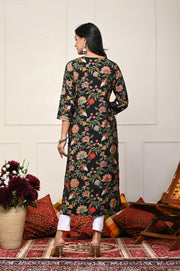 Black with Multi-Color Flower Print Kurti for Women - Shop Stylish Ethnic Wear | Aaronee