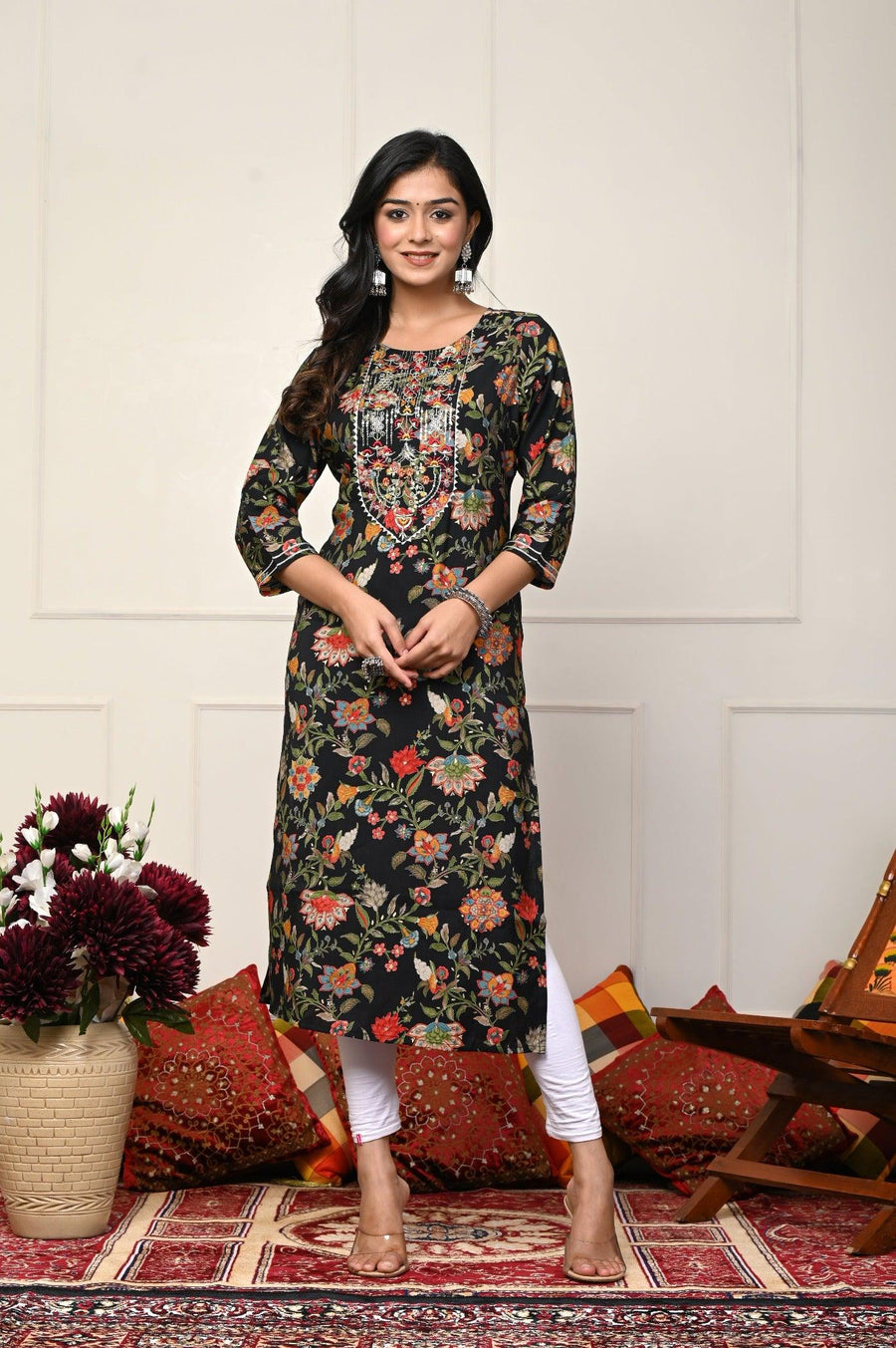 Black with Multi-Color Flower Print Kurti for Women - Shop Stylish Ethnic Wear | Aaronee