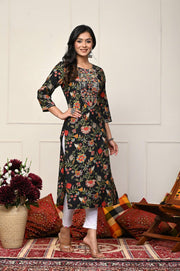 Black with Multi-Color Flower Print Kurti for Women - Shop Stylish Ethnic Wear | Aaronee