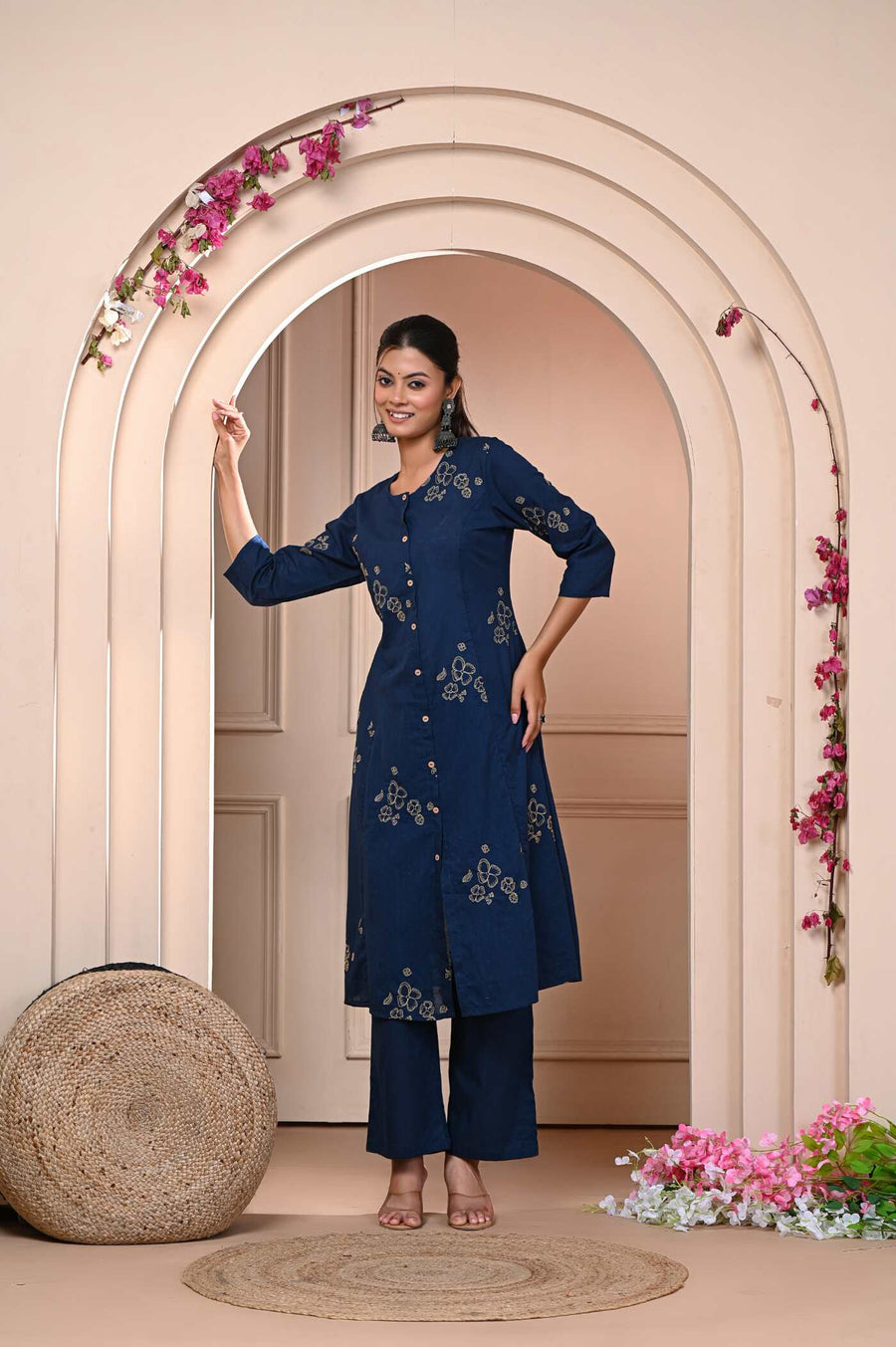 Elegant Navy Blue Floral Embroidered Kurta Set