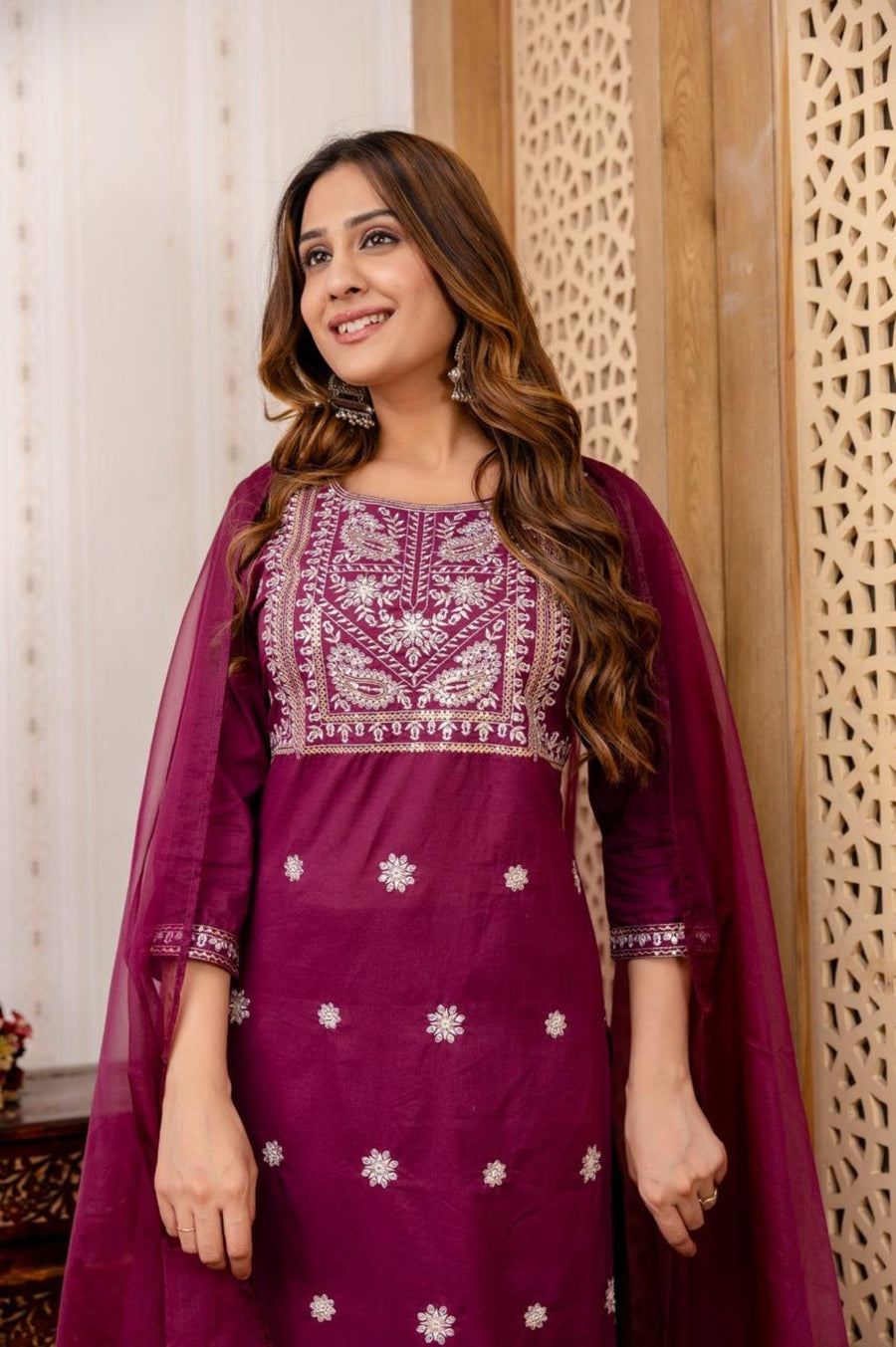 Maroon Elegance Embroidered Kurta Set with Dupatta