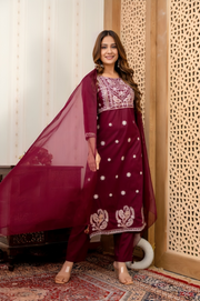 Maroon Elegance Embroidered Kurta Set with Dupatta