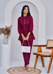 Maroon Cotton Co-Ord Set with Balloon Sleeves – Aaronee