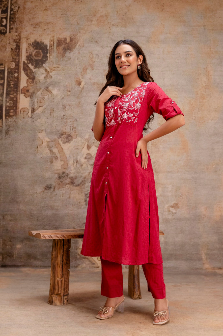 Modern ethnic wear red kurta pant outfit