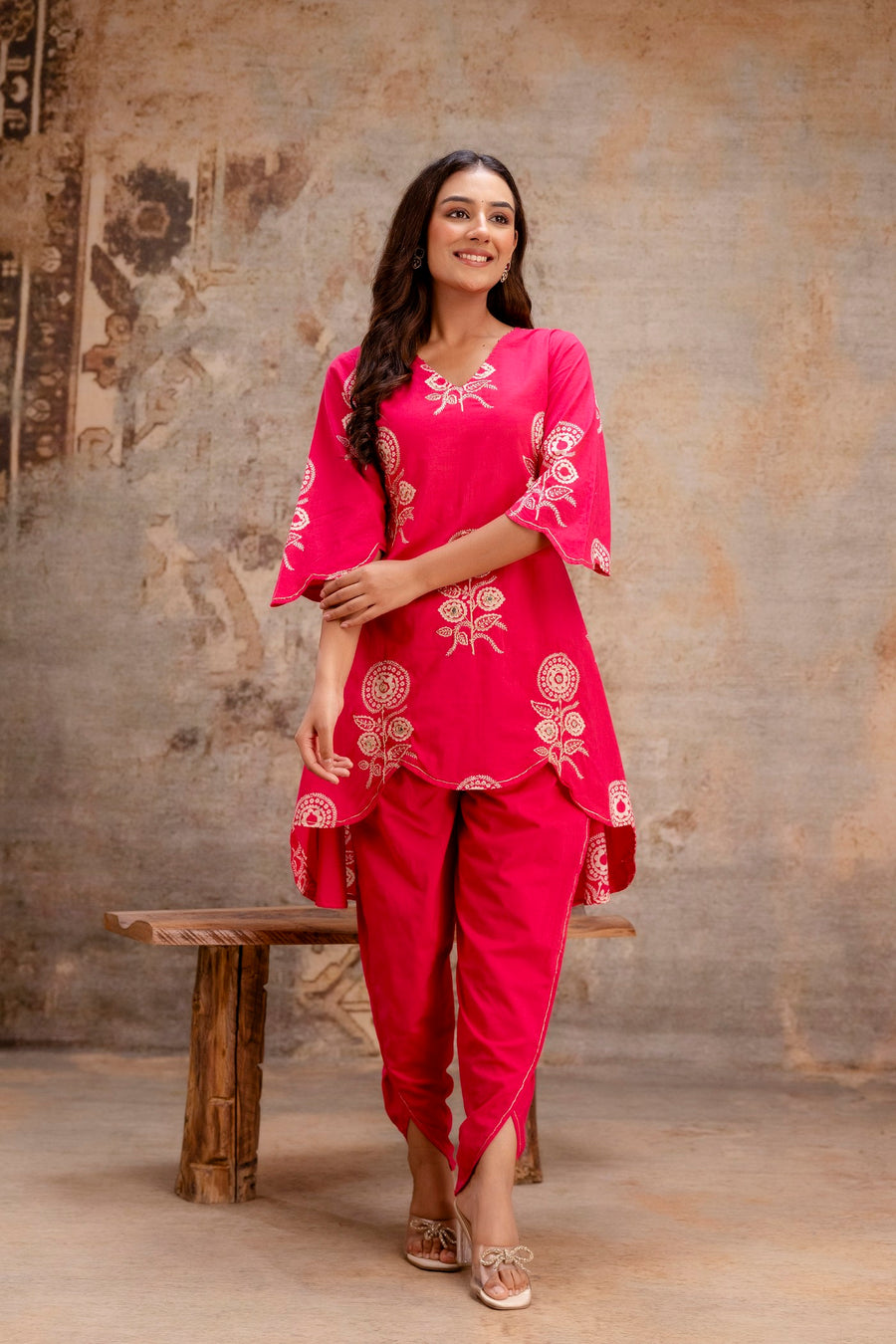 Modern pink kurti and tulip pant ethnic set