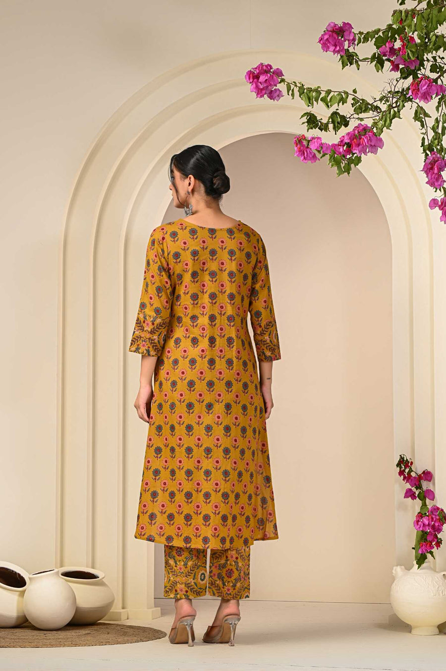 Mustard Elegance Printed Cotton Kurta Set with Dupatta - Aaronee