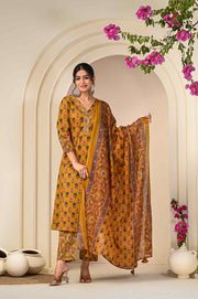 Mustard Elegance Printed Cotton Kurta Set with Dupatta - Aaronee