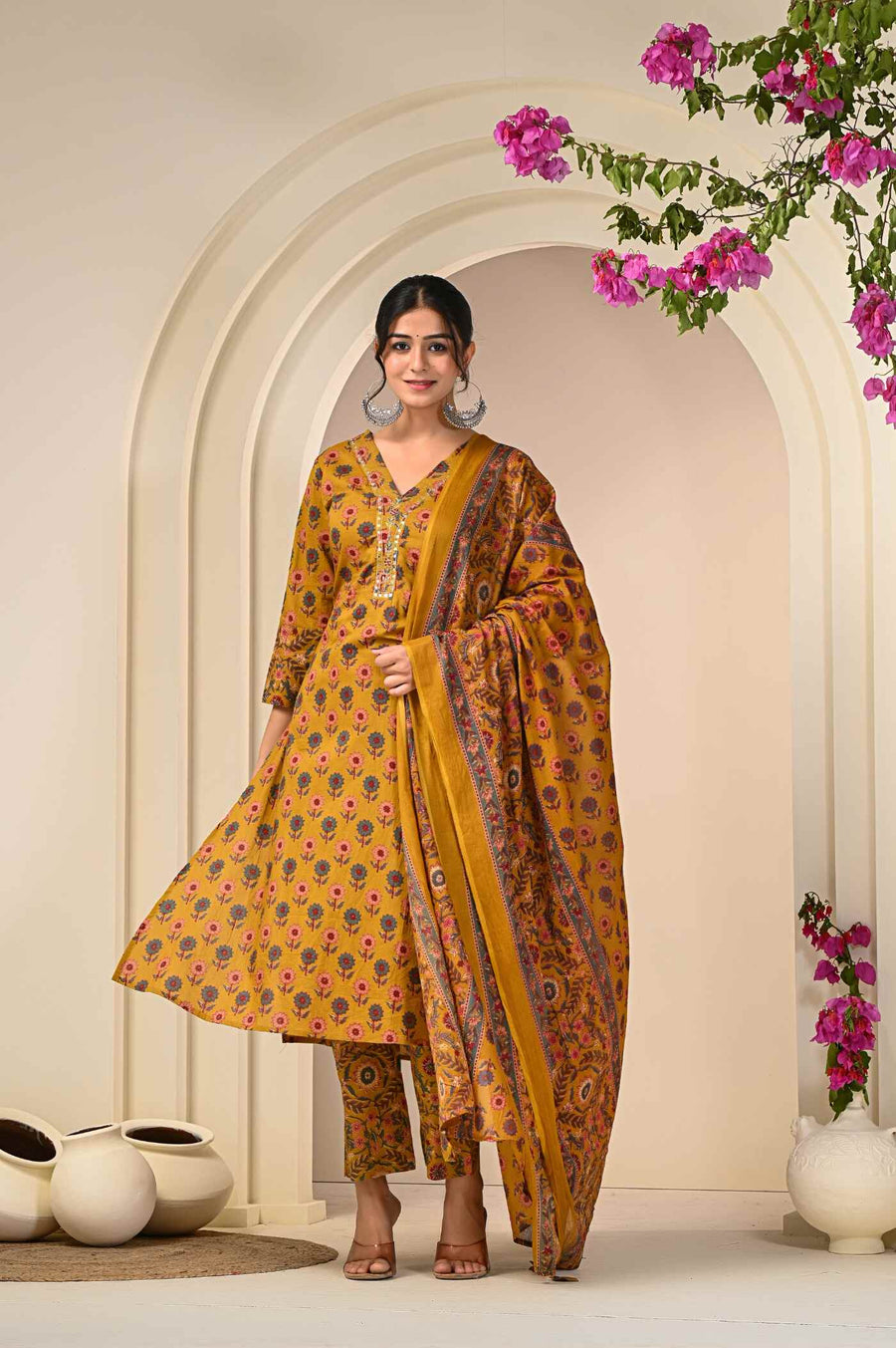 Mustard Elegance Printed Cotton Kurta Set with Dupatta - Aaronee