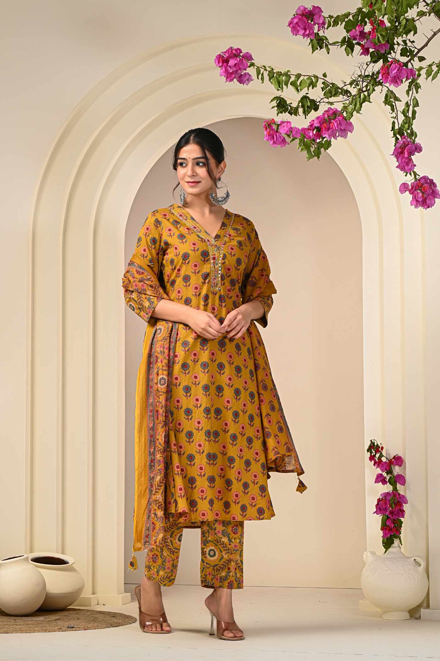 Mustard Elegance Printed Cotton Kurta Set with Dupatta - Aaronee