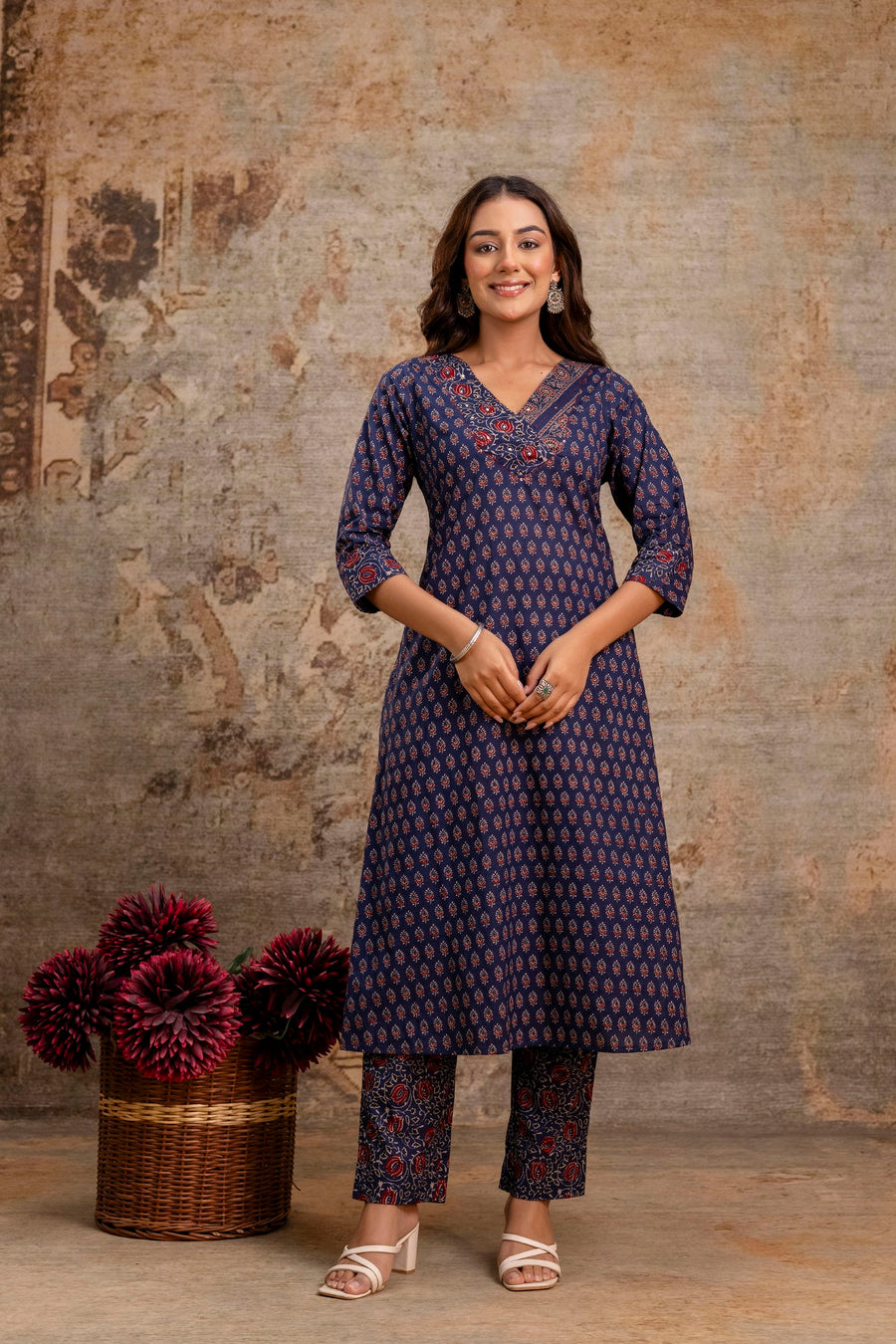 Navy blue cotton kurta set for women