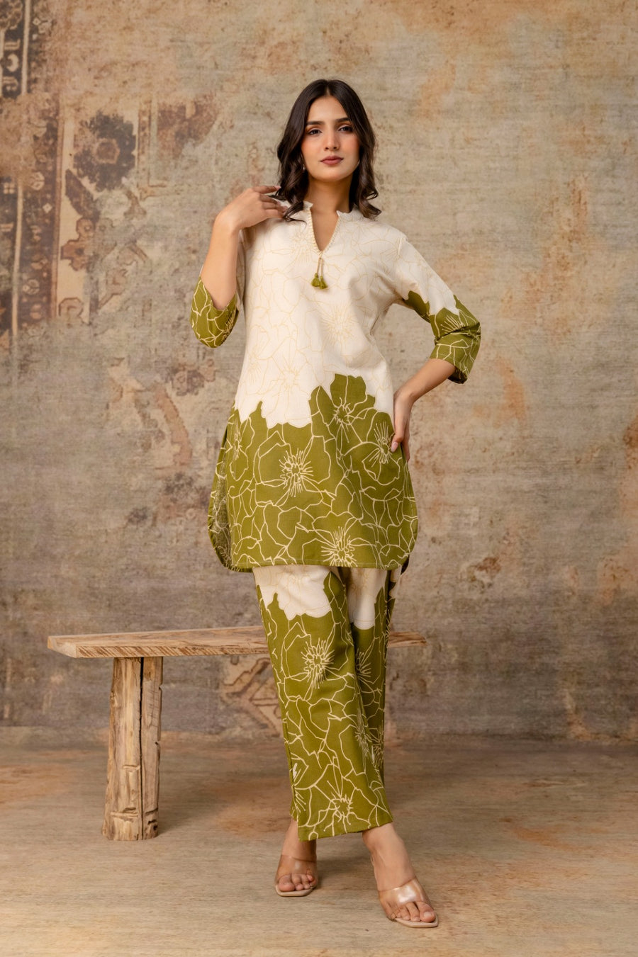 Olive green floral printed cord set for women by Aaronee