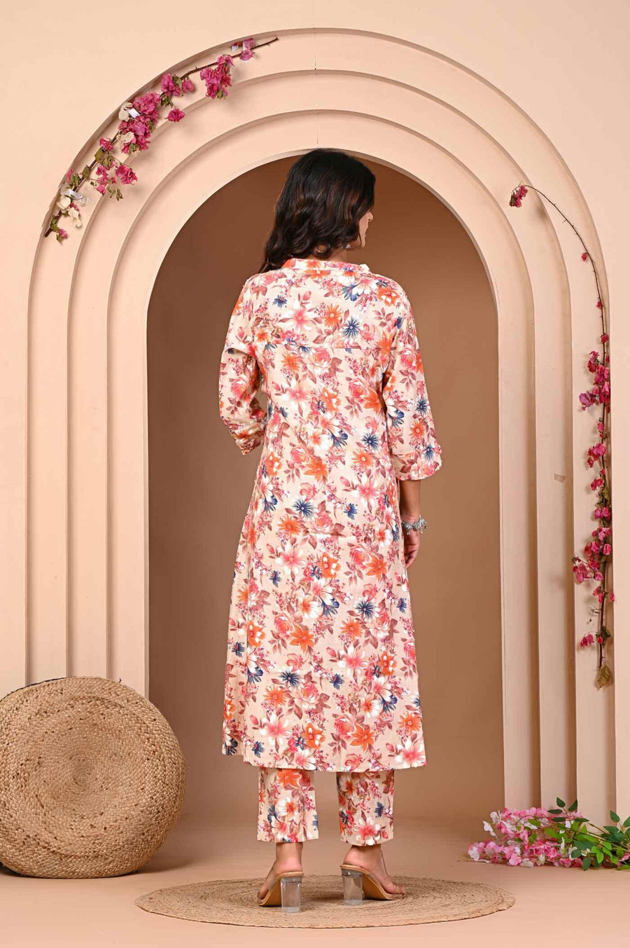 Orange Flower Print Kurta and Pant Set Effortless Elegance in Modal Chanderi.