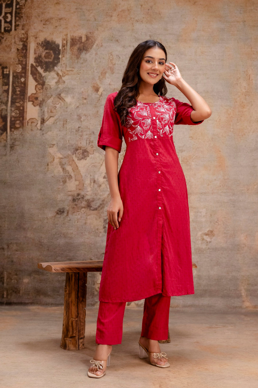 Party wear red embroidered kurta pant set Aaronee