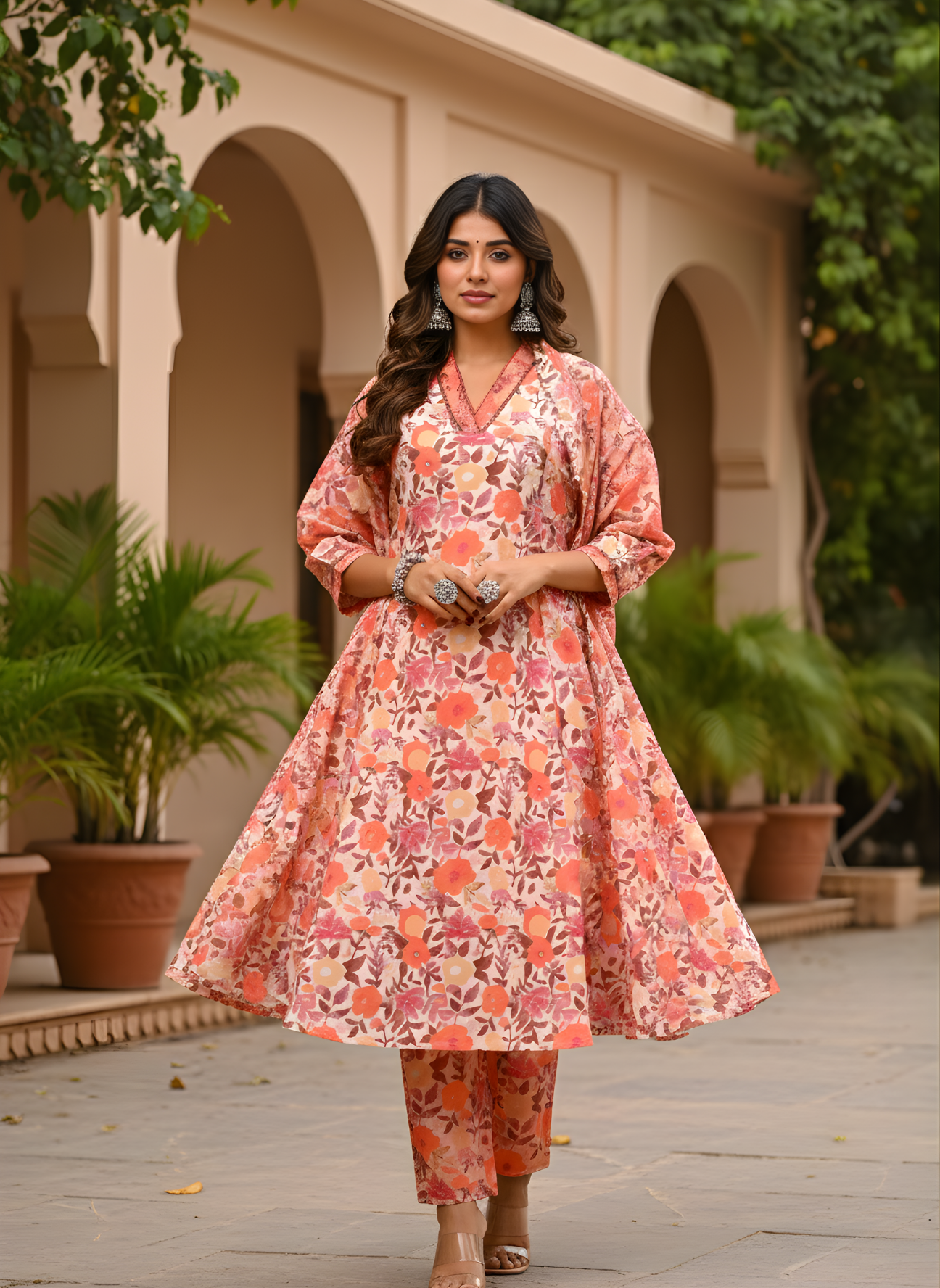 Peach Blossom Pure Cotton Floral Kurta Set by Aaronee