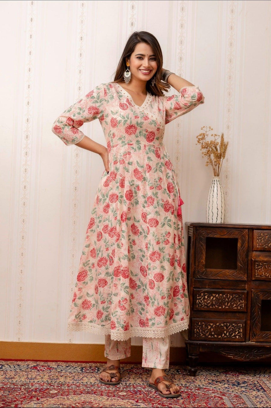 Pink Floral Print Anarkali Set with Dupatta