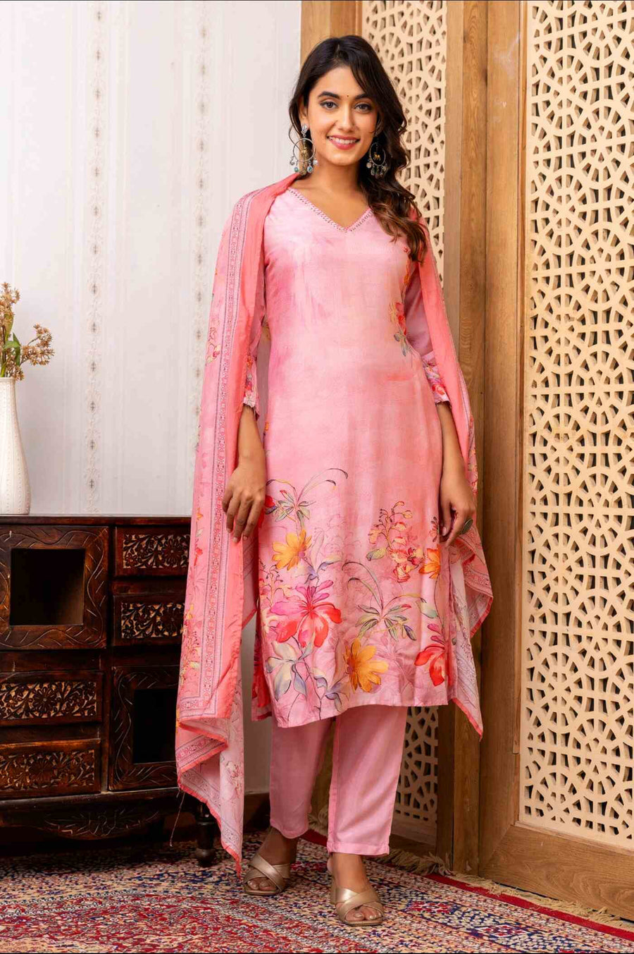 Elegant Pink Floral Print Kurta Set with Dupatta