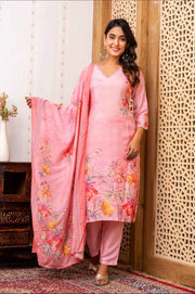 Elegant Pink Floral Print Kurta Set with Dupatta