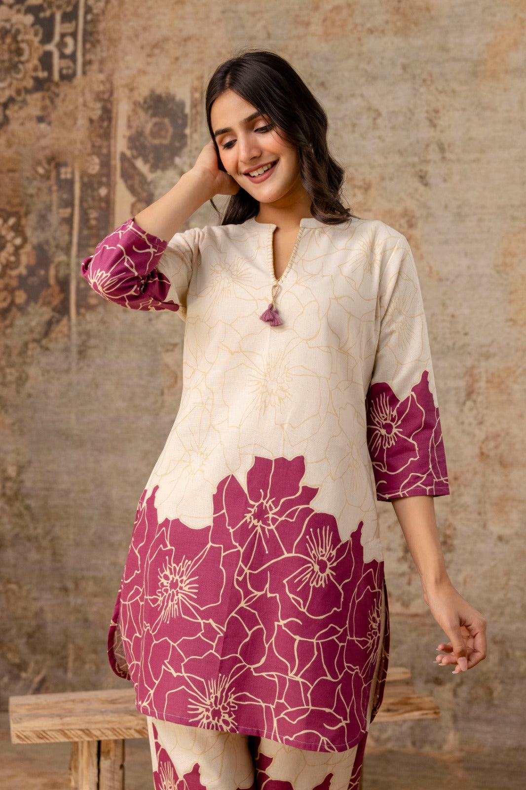 Plum purple printed cotton co-ord set with tassels