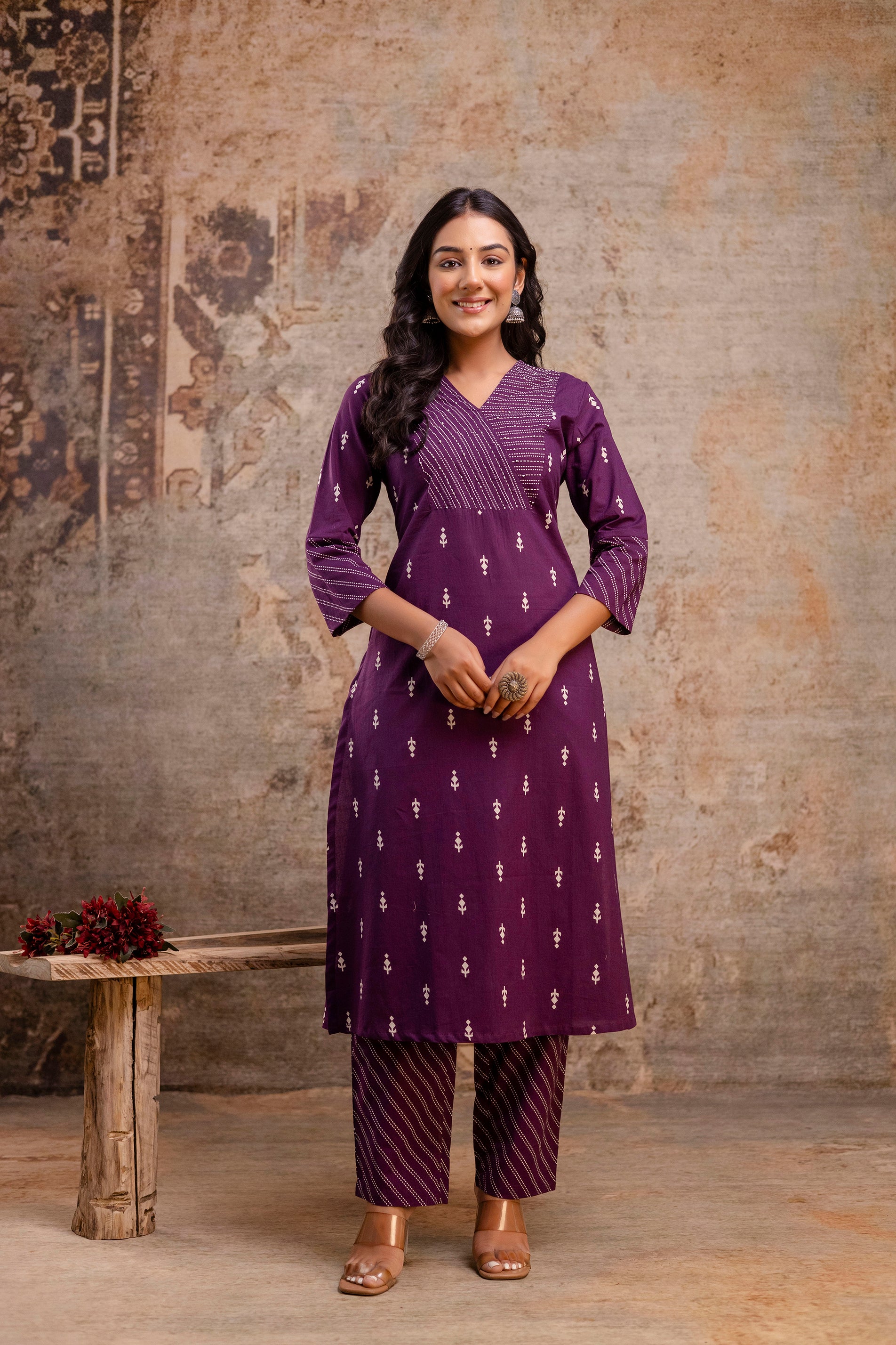 Printed V-Neck Kurta with Pants and Dupatta – Aaronee Purple Set